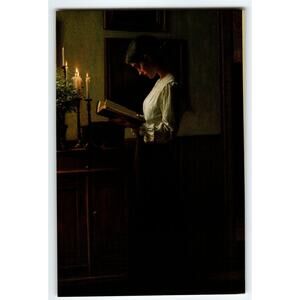 Vintage Photochrome Postcard Woman Reading by Candlelight 5.5x4"